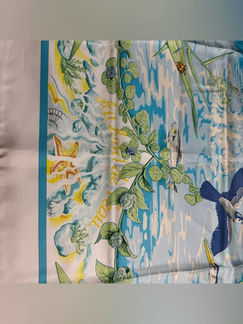 Authentic Hermes Silk Scarf Birds Water Fish White Blue Yellow Au Bord De L’eau - Picture 7 of 12